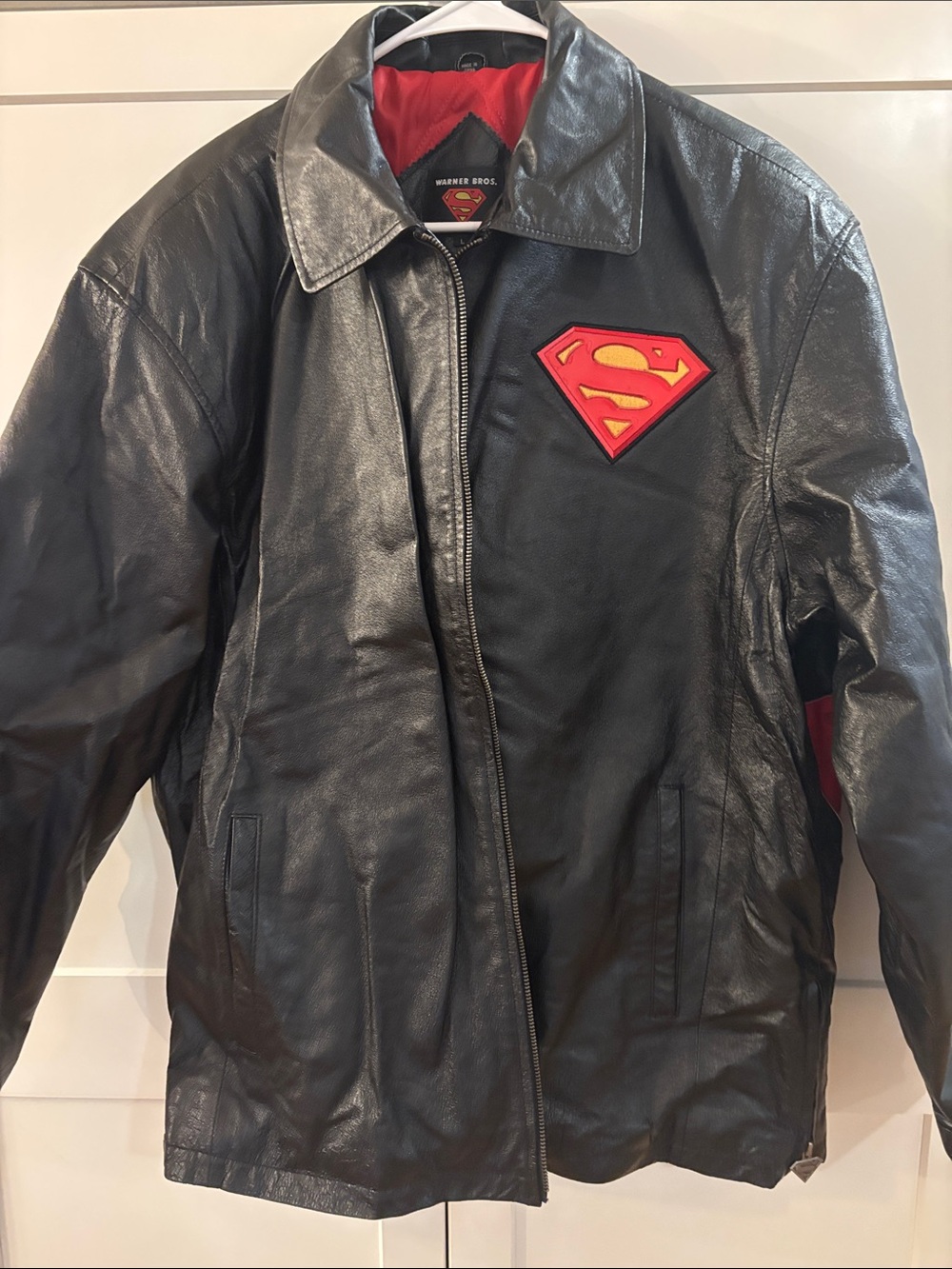 Warner Bros. Black Leather Bomber Jacket with Red & Yellow Superman Patch